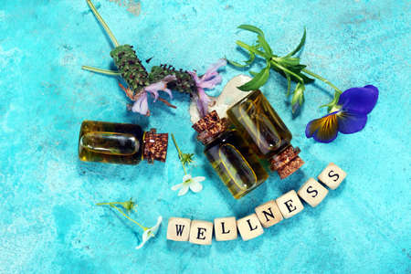Wellness sign with wooden cubes on vintage backgroundの写真素材