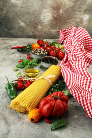 Italian food background with different types of pasta, health or vegetarian concept. Top view with copy space.の写真素材