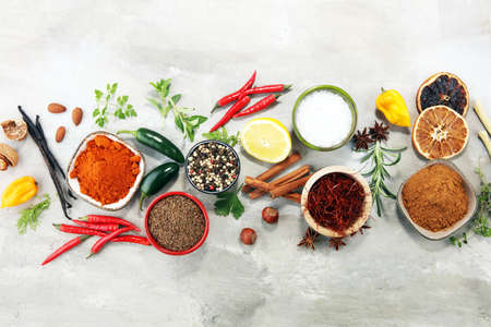 Spices and herbs on table. Food and cuisine ingredientsの写真素材