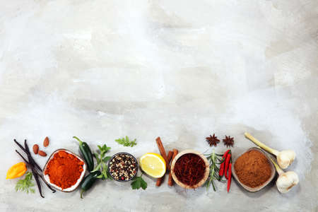 Spices and herbs on table. Food and cuisine ingredientsの写真素材