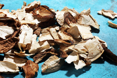 dried mushrooms on blue background. vegetarian healthy ingredient