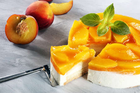 cheesecake with peache. Homemade cream cake with peaches.の写真素材