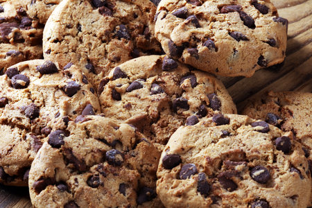 Chocolate cookies on table. Chocolate chip cookies shot