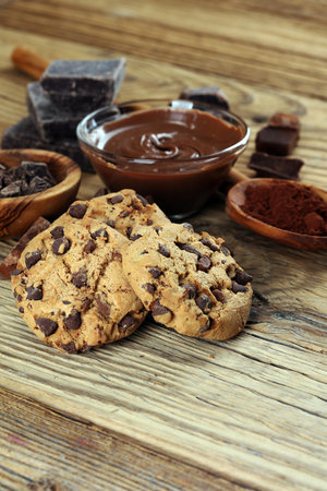 Chocolate cookies on table. Chocolate chip cookies shot