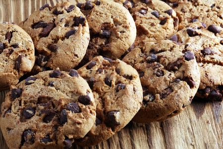 Chocolate cookies on table. Chocolate chip cookies shot