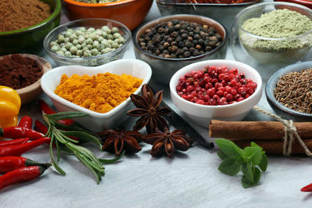 Spices and herbs on table. Food and cuisine ingredientsの写真素材