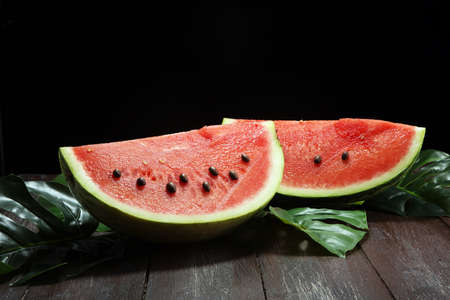 watermelon on table. juicy summer fruit in slicesの写真素材