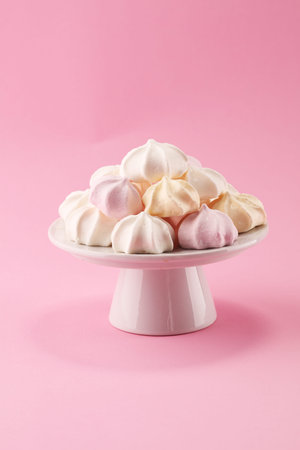 Meringue. Crispy white and pink twisted meringue. Concept love of sweetの写真素材