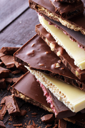 Chocolate bars on table with chocolate tower. Chocolate and nuts