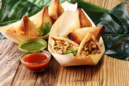 Vegetarian samsa or samosas.Indian special traditional street food punjabi samosa or Coxinha,...