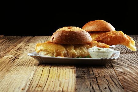 traditional British fish and bread bun consisting of fried fish and mayonnaise