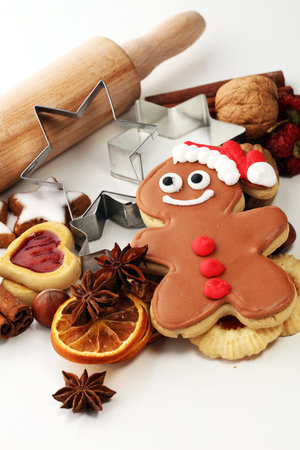Baking christmas cookies. Typical cinnamon stars bakery with spices. xmas decoration