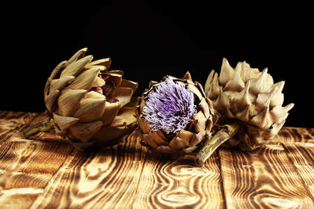 artichokes on grey background. fresh organic artichoke flowerの写真素材