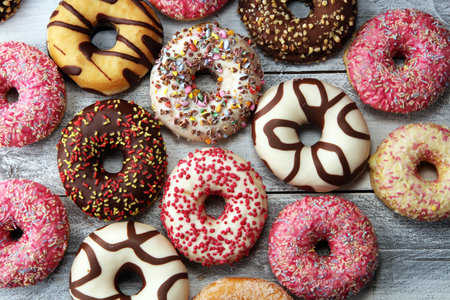 assorted donuts with chocolate frosted, pink glazed and sprinkles donuts.