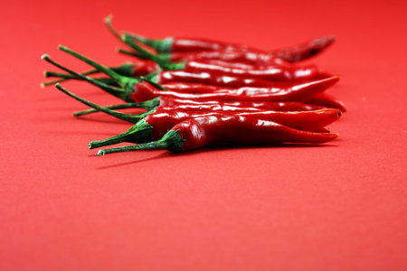 red hot bird chili pepper flat lay on red background