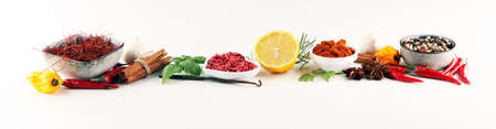Spices and herbs on table. Food and cuisine ingredientsの写真素材