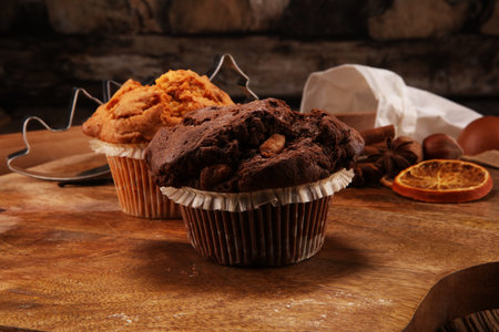 Chocolate muffin and nut muffin, homemade bakery wooden background.