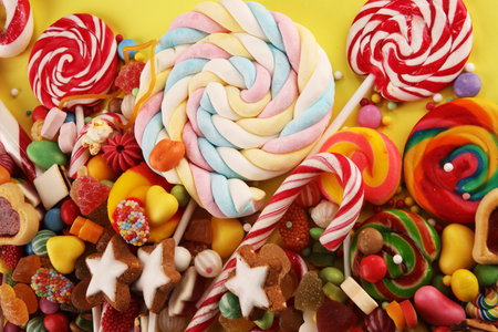 candies with jelly and sugar. colorful array of different childs sweets and treats