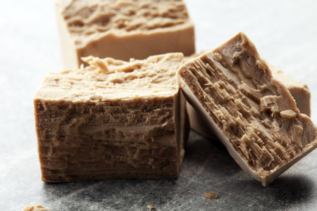 Dry yeast crumbled and yeast block for baking.