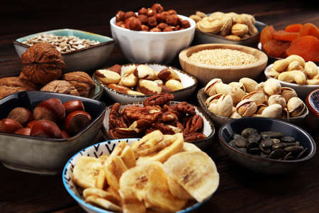 Composition with dried fruits and assorted healthy nuts.の写真素材