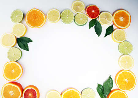 Citrus fruits with orange, lemon, grapefruit and lime on white background.の写真素材
