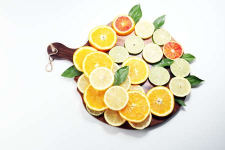 Citrus fruits with orange, lemon, grapefruit and lime on white background.の写真素材