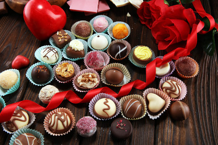 a lot of variety chocolate pralines, belgian confectionery gourmet chocolate for valentines day