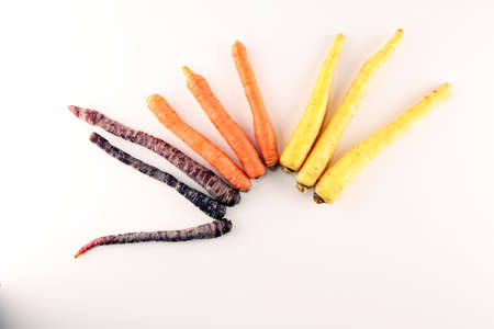 pile of carrots. Crate of mixed fresh harvested colorful carrot on tableの写真素材