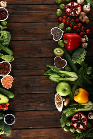 Healthy food clean eating selection. fruit, vegetable, seeds, superfood, cereals, leaf vegetable. veggie or vegan foodの写真素材