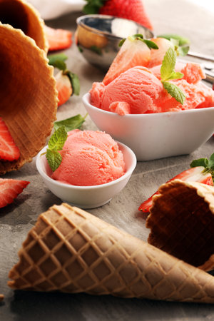 Strawberry ice cream scoop with fresh strawberries and icecream cones on a rustic background
