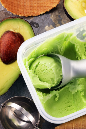 Homemade Green Organic Avocado Ice Cream Ready to Eat. Hass avocado icecream