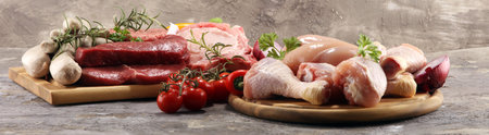 raw meat. Different types of raw pork meat, chicken and beef with spices and herbs and sausages