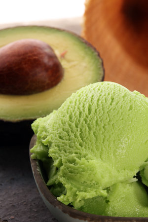 Homemade Green Organic Avocado Ice Cream Ready to Eat. Hass avocado icecream