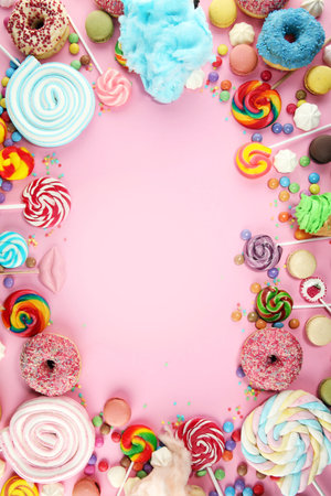 candies with jelly and sugar. colorful array of different childs sweets and treats on pink...