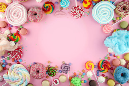 candies with jelly and sugar. colorful array of different childs sweets and treats on pink backgroundの写真素材