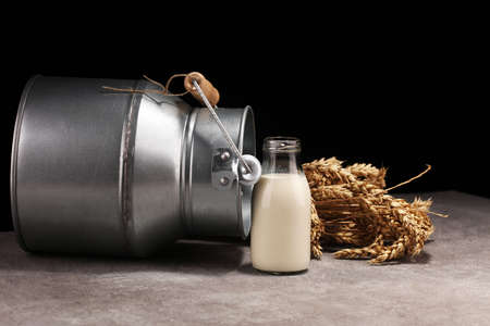 milk products - tasty healthy dairy products on a table on: sour cream in a white bowl, cottage cheese bowl, cream in a a bank and milk jar, glass bottle and in a glassの写真素材