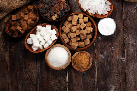 Various types of sugar, brown sugar and whiteの写真素材