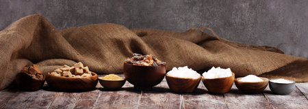 Various types of sugar, brown sugar and whiteの写真素材