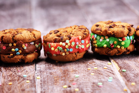 ice cream sandwiches. Chocolate Chip Cookie Ice Cream Sandwich on table