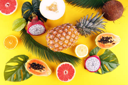 Exotic fruits and tropical palm leaves on pastel yellow background - papaya, mango, pineapple, banana, carambola, dragon fruit, lemon, orange, melon, coconut, lime.の写真素材