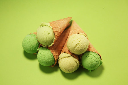 Ice cream Green tea matcha mint ice cream with coconut milk. Icecream, frozen.