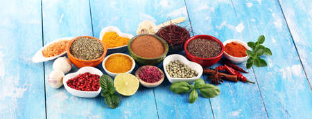 Spices and herbs on table. Food and cuisine ingredients for cookingの写真素材