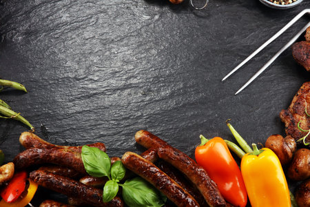Assorted delicious grilled meat and skewer with vegetable and herbs on rustic table