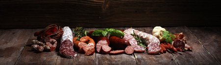 cold meat assortment with delicious salami and herbs. Variety of meat products including coppa and...