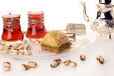 Middle eastern or arabic dishes. Turkish Dessert Baklava with pistachio.
