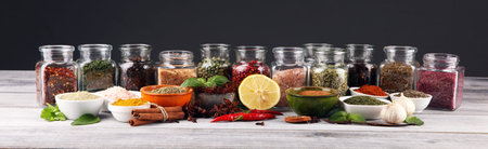 Spices and herbs on table. Food and cuisine ingredients on tableの写真素材