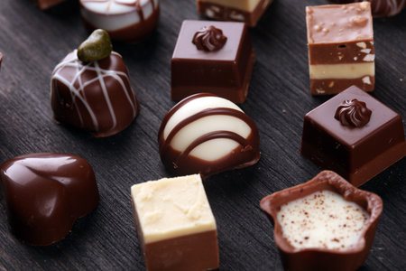 a lot of variety chocolate pralines, belgian confectionery gourmet chocolate for valentines day