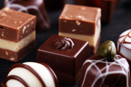 a lot of variety chocolate pralines, belgian confectionery gourmet chocolate for valentines day