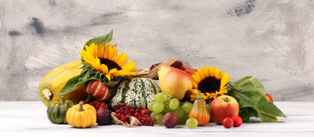 Pumpkin Autumn nature concept. Fall fruit and vegetables on wood. Thanksgiving dinner with pumpkinsの写真素材