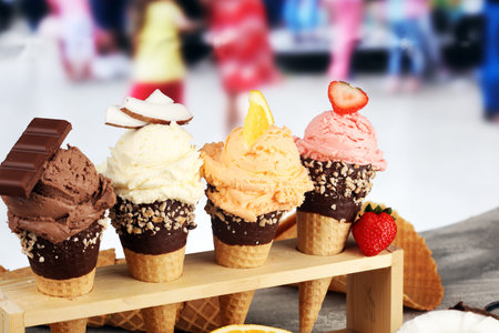Ice cream. Set of ice cream scoops of different colors and flavours with berries, nuts and fruits...